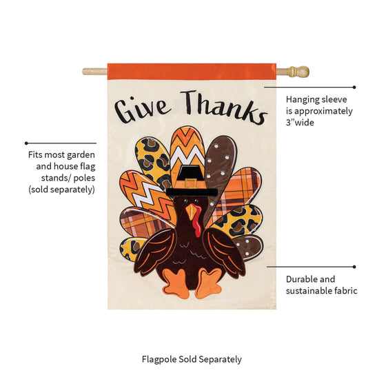 Give Thanks Patterned Turkey Applique House Flag