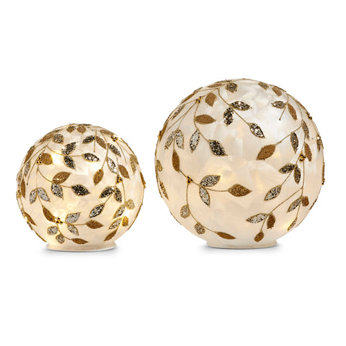 Lighted Champagne Leaf Balls, Set 2, 8" Diameter