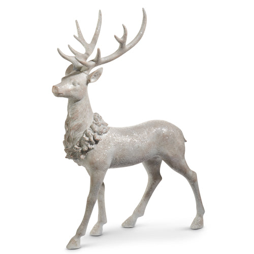 Iced White Standing Deer With Wreath, 37.5" Tall