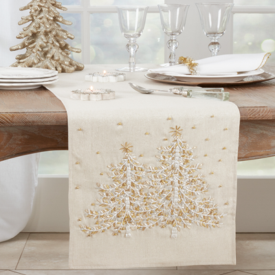 White & Gold Christmas Tree Table Runner, 72" Width