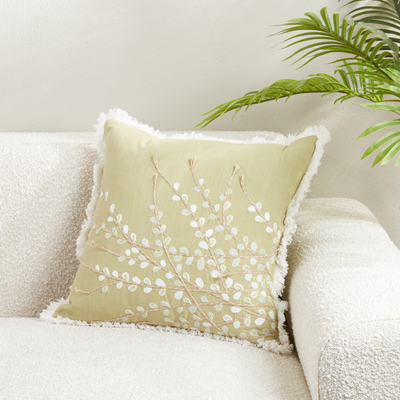 Embroidered Green Flower Pillow, 18"