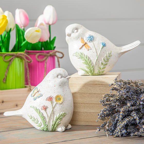 Set 2 Floral Bird Resin Table Decor, 5.25"T