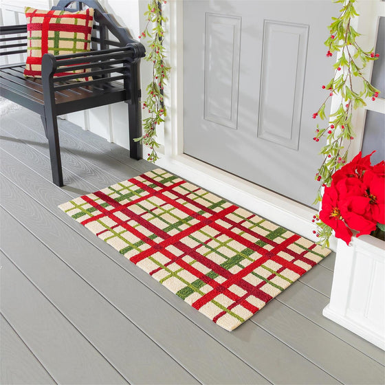 Indoor/Outdoor Hooked Rug Christmas Plaid Polypropylene, 42" Width