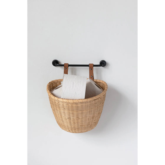 Wall Basket with Metal Bracket and Faux Leather Straps