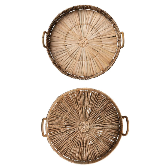 Decorative Hand-Woven Bankuan & Abaca Rope Trays w/ Handles, Natural, 20" Round