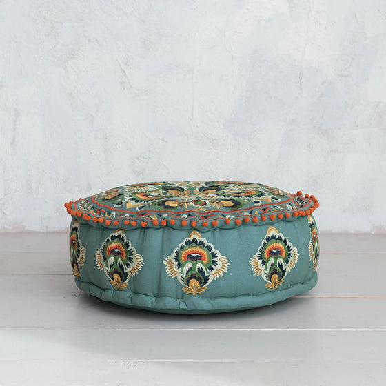 Cotton Embroidered Pouf With Pom Poms