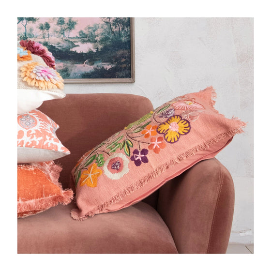 Cotton Lumbar Pillow With Embroidered Flowers & Eyelash Fringe