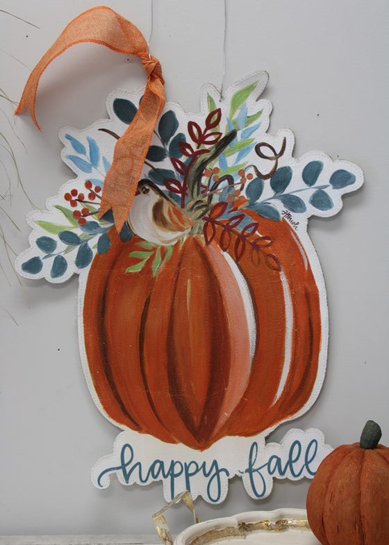 Handpainted Burlap Door Décor, Happy Fall Pumpkin, 23.5" Tall
