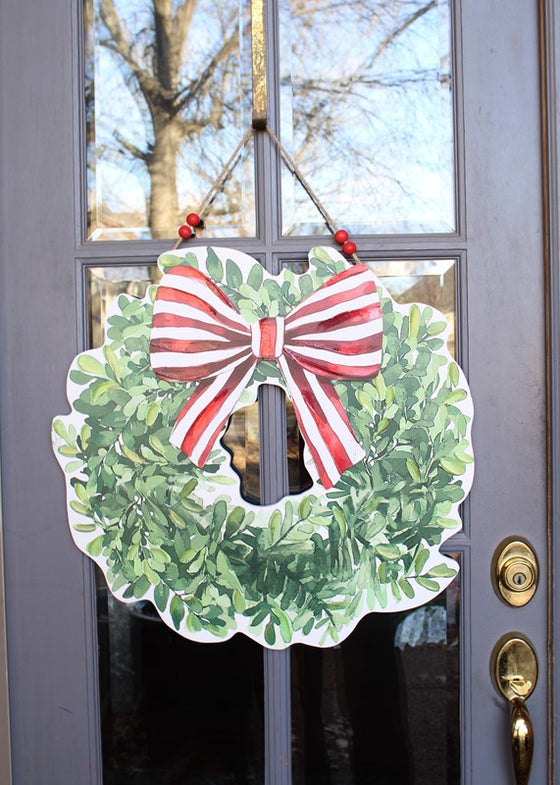 Cutout Wreath With Red Stripe Bow Door Décor, 24" Round