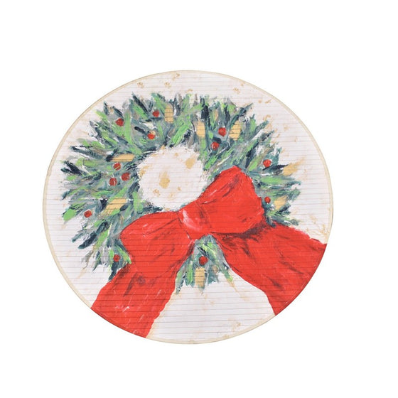 Wreath With Red Bow Round Bamboo Mat, 36" Round
