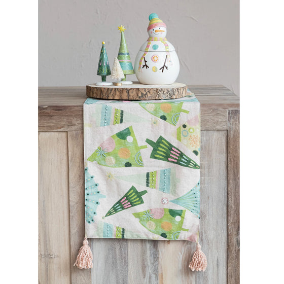 Hand-Embroidered Cotton Christmas Table Runner with French Knots & Tassels, 72"