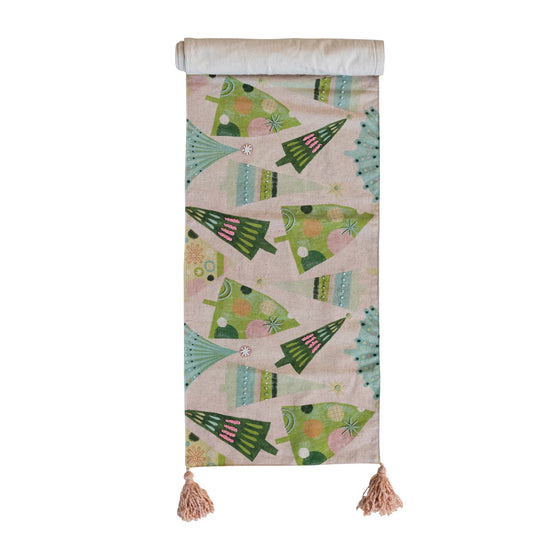 Hand-Embroidered Cotton Christmas Table Runner with French Knots & Tassels, 72"