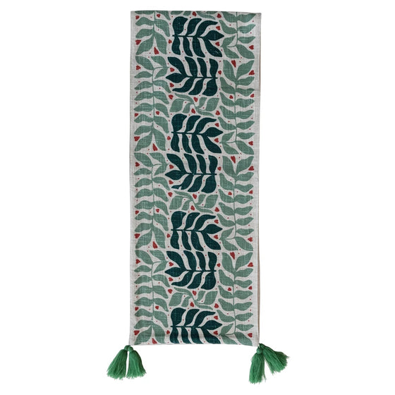 Seasonal Botanical Pattern Table Runner With Tassels, 72"